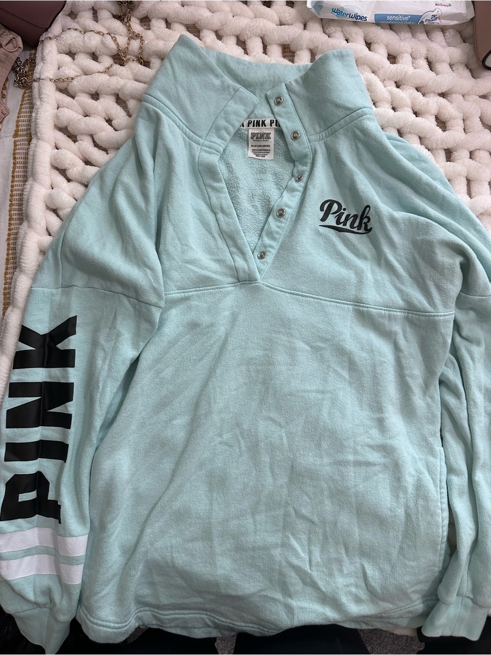 PINK Victoria's Secret Mint Green Snap Henley Pullover Hoodie